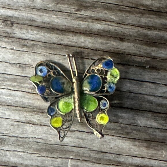 Antique 800 Silver Enamel And Filigree Butterfly Brooch Pin - Picture 2 of 6